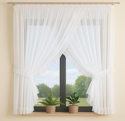 Gardinen Vorhangen Weiß Voile 150x150 cm (BxH) Anetis Gardine Wohnzimmer Zweiteilig Zusammengenäht Universellem Kräuselband Und Bindebändern