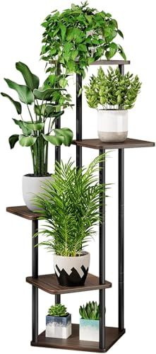 Dazioter Blumenständer 5-stufiges Pflanzenregal aus Metall für mehrere Pflanzen, hohe Eckblumenhalter für Terrasse, Garten, Wohnzimmer, Balkon, Schlafzimmer (Schwarzeiche, 5-stufiges)