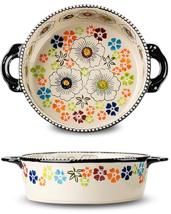 EAZHOP Ceramic Baking Dish, Round Ceramic Oven Dishes with Handle 880ml Diameter 19cm, Hand-Painted Colorful Floral Embossed Design Vintage Style for Soup, Crumble, Serving, 1Pack
