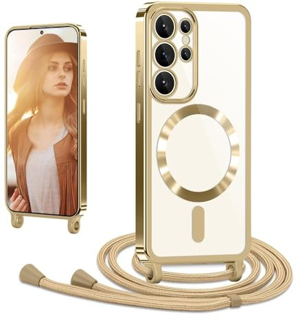 CaseLover Magnetische Handyband für Samsung Galaxy S26 Ultra 5G Hülle mit Band, Klare Silikon Necklace Handyhülle mit Kordel zum Umhängen Stossfest mit Kameraschutz Bumper Schutzhülle Case, Gold