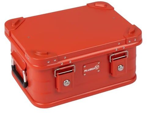Alubox Alukiste Abschließbar E18-RED - Premium Aluminium Werkzeugtruhe 18 Liter - Rot Pulverbeschichtet - Deckel mit Aluminium Druckguss Stapelecken und Gummidichtung - Inklusive Schlösser