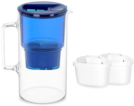 Wessper Carafe Filtrante Verre 3l, Carafe et 2 Filtre - Bleu | carafe filtrante verre et filtre a eau, cartouche filtrante charbon actif eau, BPA Free