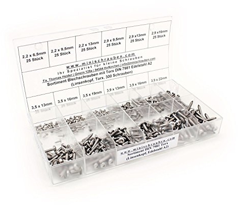 Sortimentskasten mit 300 Stück Blechschrauben nach DIN 7981-TX aus Edelstahl A2 (ab 2,2x6,5mm), Innensechsrund (TX), Linsenkopf. Minischrauben Sortiment inkl. beschrifteter Box