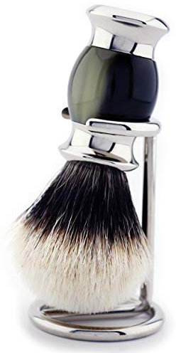 Silver Tip Badger Hair Shaving Brush Horn Replica Handle & Brush Stand