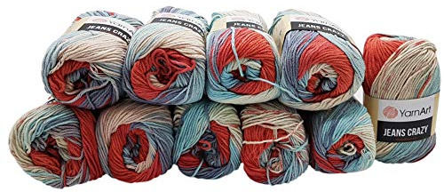 YarnArt Jeans Crazy Strickwollknäuel,10er-Packung, 50 g, aus 55% Baumwolle, 500 g Wolle mit mehrfarbigem Farbverlauf (Blau, Rot, Rosa, Flieder, Altweiß 8205)
