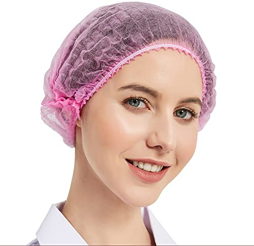 ProtectX 100-Pack Pink Disposable Hair Nets, Elastic Head Cover, Bouffant Caps, Sanitation Head Cover for Food Service, Spa Men & Women - 21 inch