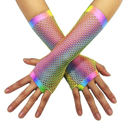 ZUYPSK Damen Fingerlose Handschuhe Armstulpen Regenbogen Bunt Farbe Netzhandschuhe Party Fasching Karneval Kostüme Zubehör