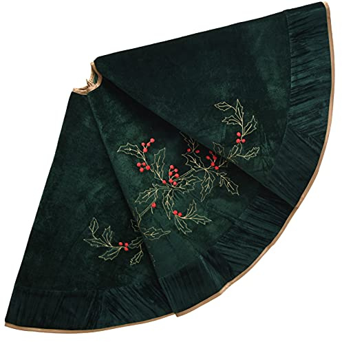 X.Sem Holly Leaf Embroidered Velvet Christmas Tree Skirt with Pleat Velvet Border 50'' Dark Green (Dark Green, 50 inch)