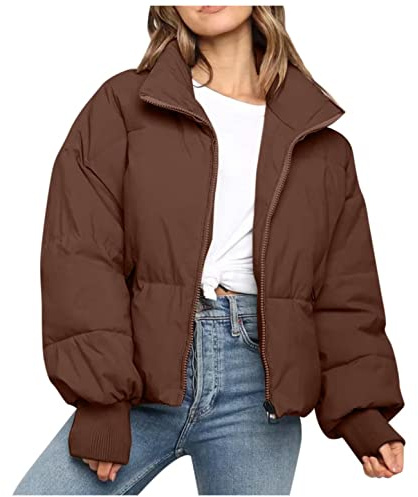 CCOOfhhc Chaqueta de plumón para mujer, ligera, cálida, fina, con cuello alto, chaqueta acolchada de invierno, chaqueta de entretiempo, chaqueta corta con cremallera, tallas grandes, café, S