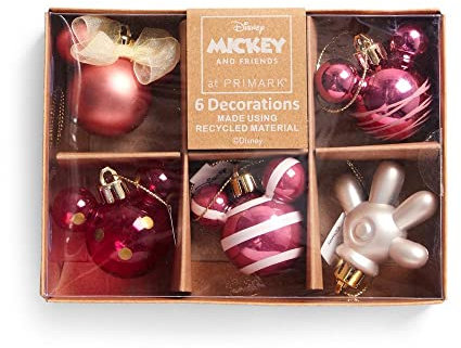 Licensed Disney Disney Mickey & Minnie Mouse Christmas Baubles Xmas Tree Hanging Decorations (Mickey Pink 6 Baubles), One Size