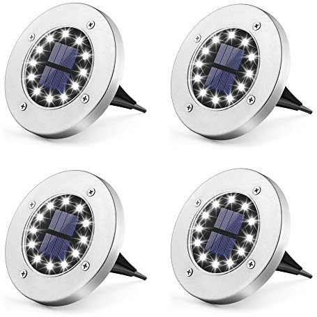 Solpex Luci da pavimento a energia solare, 12 LED, 4 pezzi, bianco, in acciaio inox, impermeabile, per esterni, giardino, terrazza, prato, cortile, passerella