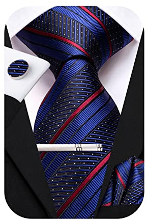 Hi-Tie Corbatas de seda para hombre Rosa Azul Negro Juego de 4 corbatas Lazos para hombre con bolsillo Gemelos cuadrados Pinza para corbata para boda, azul marino rojo, M