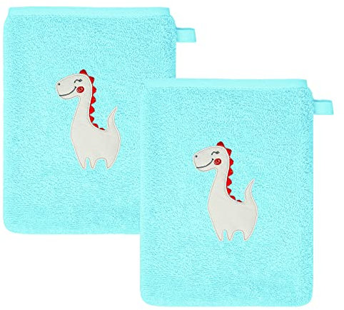 Lashuma Jungen Babywaschlappen 15x21 cm, 2er Lappenset für Kinder blau, Baby Waschtücher mit Stick: Dinosaurier