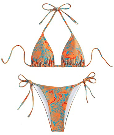 Falainetee dam hög midja baddräkt heltäckande blommigt tryck triangel halterbaddräkt bikini set 2 delar, gUL, S