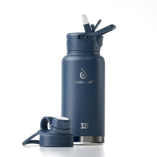IDEUS Vakuumisolierte Wasserflasche, 32oz (950 ml) Edelstahl Doppelwand Flasche Metall Sport Kantine mit auslaufsicherem Schraubverschluss (Marineblau)