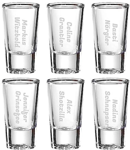 LUXENTU Schnapsgläser Stamper mit Gravur, 30 ml, Shotglas für 2cl, Personalisierte Lasergravur mit Namen, Geschenk für Männer & Frauen, Spülmaschinenfest, Name quer, 6 Stück