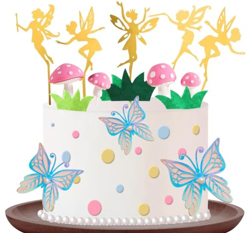 HGSHUO Pilz Tortendeko Fee Kuchen Deko Geburtstag Torte Deko Fairy Kindergeburtstag Cake Topper Schmetterling Cupcake Topper Kuchendeko Feen Muffin Geburtstagsdeko Babyparty Mädchen