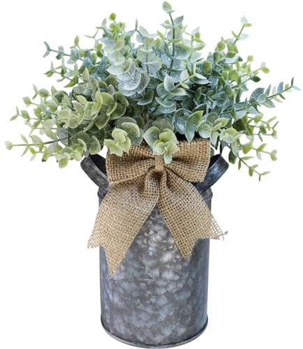 Winlyn Set of 1 Farmhouse Faux Eucalyptus Arrangement Centerpiece Rustic Galvanized Metal Milk Can Vase Artificial Eucalyptus Bushes Greenery Plants for Wedding Kitchen Home Indoor Table Shelf Décor