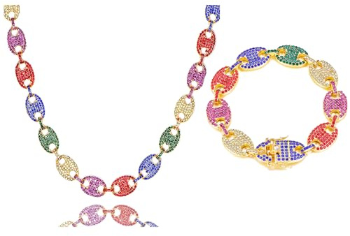 OWNCOOL 2 PCS Coffee Bean Chain Iced Out Miami Cuban Necklace Bracelet Multicolor Necklace Bracelet for Men Women Colorful 8 18inch