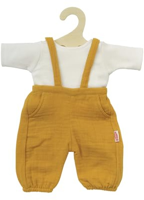 Heless 2415 – Dockkläder av 100% ekologisk bomull, 2-delat set med hängselbyxor i honungsgul och vit t-shirt för dockor och gosiga leksaker i storlek 35–45 cm
