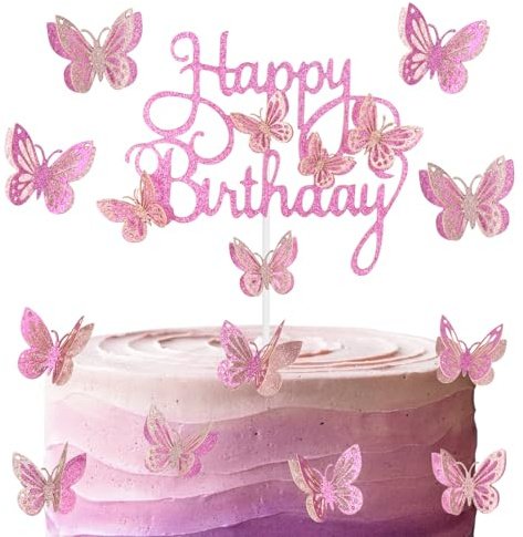 Rose Pink Happy Birthday Cake Toppers, Hot Pink Butterfly Cake Toppers for Cake, Glitter Pink Butterfly Cake Decorations, Butterfly Theme Cake Cupcake Toppers for Girls Women Birthday Decorations