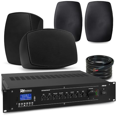 Power Dynamics Wall Mounted Speaker System - 4x 4 Black Waterproof Speakers, Bluetooth Mixer Amplifier, Commercial Audio System for Restaurant, Pub, Outdoor Background Music Installation