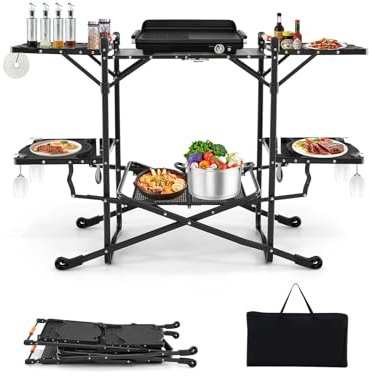 GOPLUS Table Pliante Extérieur, Table de Cuisine de Camping avec 4 Tablettes d'Appoint, Support de Rangement, Sac de Transport, Plateau en Aluminium, pour Pique-Nique, Barbecue, Voyage, Noir