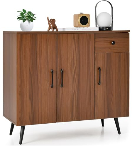 COSTWAY Storage Cabinet, Freestanding Buffet Sideboard with 3 Doors, Pull-out Drawer, Adjustable Shelves & Anti-Tipping Kits, Wooden Display Cupboard Organiser Unit for Kitchen Living Room Dining Room