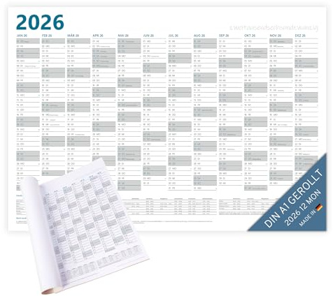 PuK Krämmer GmbH XXL Wandkalender 2026 A1 GEROLLT | 12 Monate mit Ferien und Feiertage | 84,1 x 59,4 cm DIN A1 quer Jahresplaner | Kalender 2026 groß, Jahreskalender, Wandplaner