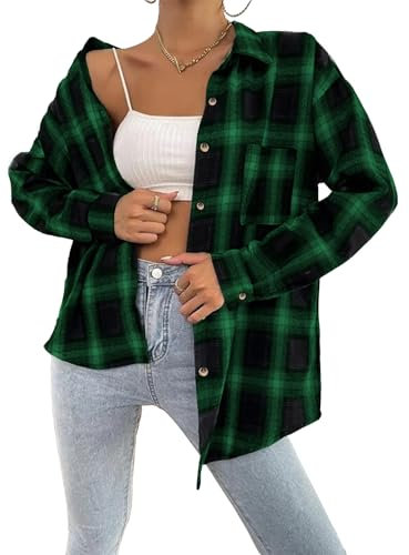 SYKT Chemise Plaid décontractée pour Femme - Chemise boutonnée - Chemise à Manches Longues - Boutonnière à Carreaux - Haut col en V - Chemisier avec Poche
