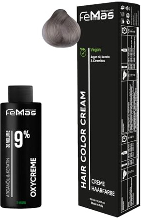 Femmas Set de coloración capilar Lichtblond Asch 9.1 I Crema para colorear el cabello 100ml + Oxycreme 100ml 9% I Coloración capilar permanente + revelador I Suave y duradero I Coloración capilar de