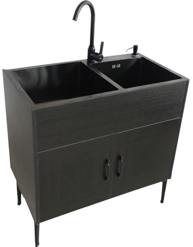 Lavandino da Esterno Lavello Cucina 2 Vasca Mobile da Esterno Lavello Cucina con Mobile portaoggetti, Rotazione di 360 Gradi Rubinetto Caldo e Freddo Lavelli ,Doppia fessura,per Cucina, Ristorante