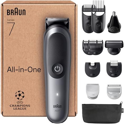 Braun All-in-One Series 7, 12-in-1 Multigroom, Barttrimmer, Nasenhaartrimmer, Haarschneidemaschine für Gesicht, Kopf und Körper, 120 Min Akku, 14 Längen (3–21 mm), Wasserdicht, AIO7545, Grau