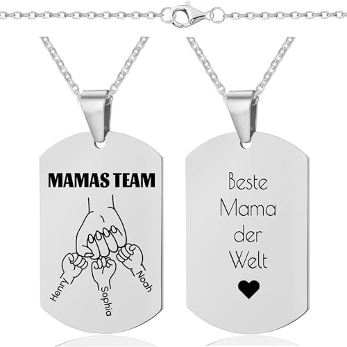 Lumari Gold Personalisierte Dog Tag Halskette Damen mit Gravur – Erkennungsmarke mit Kinderhände und Namen der Kinder – emotionales Geschenk für Mama zum Muttertag oder Geburtstag – Edelstahl