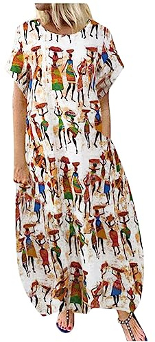 FUPODD Sommerkleid Damen Leicht Lang Afrikanische Maxikleider Sommer Elegant Ballonkleid Maxi Kleider Kurzarm Sommerkleider Luftig Kaftan Boho Kleid Frauen mit Taschen Strandkleid Luftige Locker