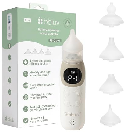 bblüv Rinö Pro Mouche Bébé Électrique Rechargeable USB-C avec 5 Niveaux d’Aspiration, Écran LCD, Musique & 4 Embouts en Silicone – Aspirateur Nasal Bébé Étanche Sans Filtre