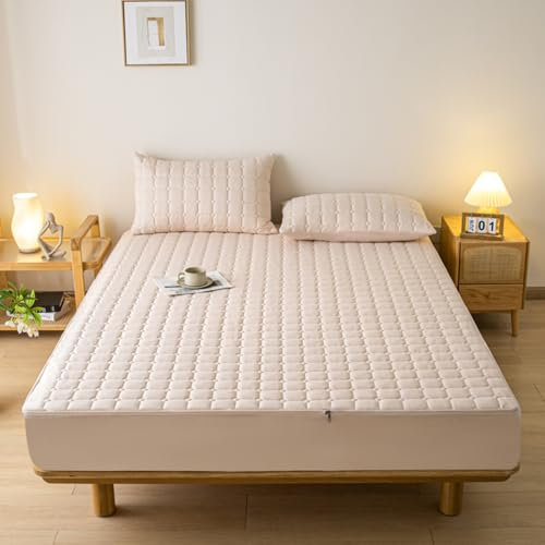 Coprimaterasso con cerniera imbottita matrimoniale con cerniera lenzuolo con angoli piccolo matrimoniale/singolo/king lavabile antipolvere a 360° copertura totale beige 160 x 190 21 cm