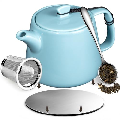 Brew To A Tea Stump Teapot with Strainer, 600ml/20.29oz Heat-Resistant Porcelain Tea Pot with Infuser, CIHUI2 Stainless Steel Coaster, Removable Infuser Tea Pot Handmade, Sky Blue