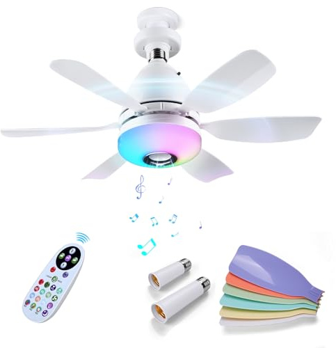 MMOBIEL Deckenventilator mit Beleuchtung LED Ventilator Lampe E27 mit Bluetooth Lautsprecher, Musik Sync, 7 RGB Modi, Dimmbar 3000K–6500K, 3 Geschwindigkeiten, 2x6 Flügel, Fernbedienung, Weiß