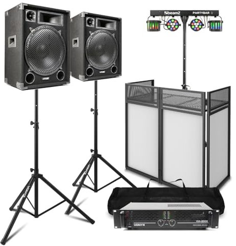 MAX15 2000W Passive DJ Speaker System with Booth, Party Lighting, Tripod Stands & Amplifier – Complete Mobile DJ Setup for Events, Clubs & PA – All-in-One DJ Gear Package