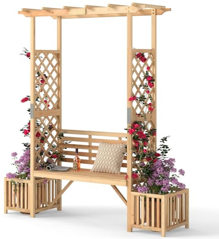 COSTWAY Arco da Giardino in Legno con Panchina, Traliccio per Piante Rampicanti con Fioriera e Panca per 2 Persone, Ideale per Patio, Giardino e Parco