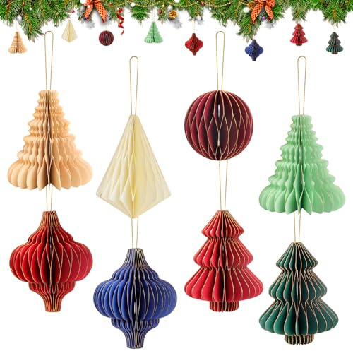 8 Stück Baumschmuck Deko, 3D Christbaumschmuck Aus Papier, Hängende Papier Waben Deko, Weihnachten Dekorationen, für Weihnachtsfeiern, Christbaumschmuck, Silvesterparty, Urlaub, Heimdekoration