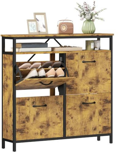 HOMCOM Schuhschrank Schmal Schuhkipper 4 Klappen 98x24x95cm Rustikal Braun | Verstellbare Trennwand, Offenes Fach, Schuhregal, 12-20 Paar Schuhe, Schuhaufbewahrung, Schuhkommode, für Flur, Eingang