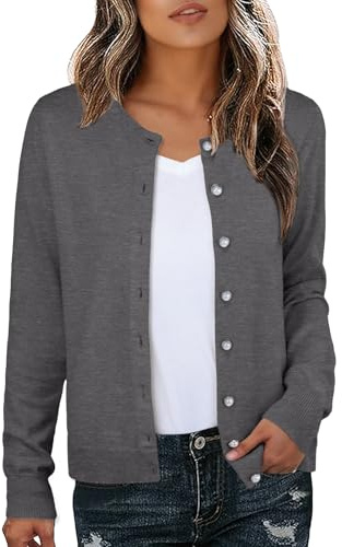 GRECERELLE kofta damer sommar lätt långärmad kofta elegant tunn rund hals koftor casual pullover stickad väst klassisk stickad kappa med knappar, Kol, M