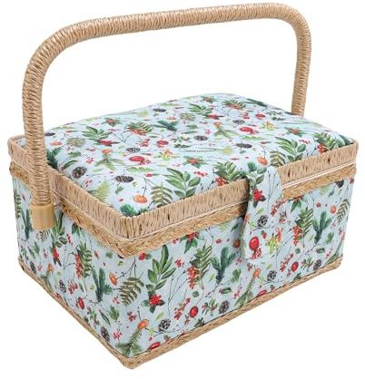 Ausla Panier à Couture, Boîte de Rangement Couture Motif Pomme de Pin avec Plateau Amovible et Grande Poignée, 24,5x18x12cm