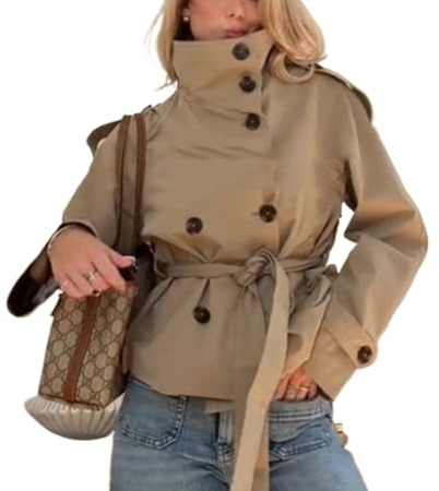 Genérico Mujer Primavera Y Otoño Retro Elegante Clásico Cuello Alto Doble Botonadura Gabardina Corta Moda Negocios Casual Oficina Abrigo Con Cinturón