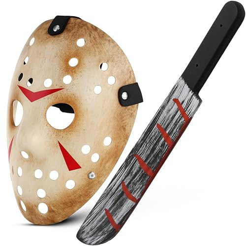 Ploutos World Wide Jason Voorhees Mask + Bloody Machete Prop for Adult, Horror Jason Hockey Mask Scary Killer Halloween Cosplay Party Fancy Dress Costume Kit