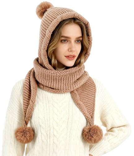 TAGVO Cappello Sciarpa con Cappuccio 3-in-1 in Maglia con Pompon in Pelliccia Sintetica, Fodera in Pile Calda, Sciarpa e Paraorecchie Invernale per Donna