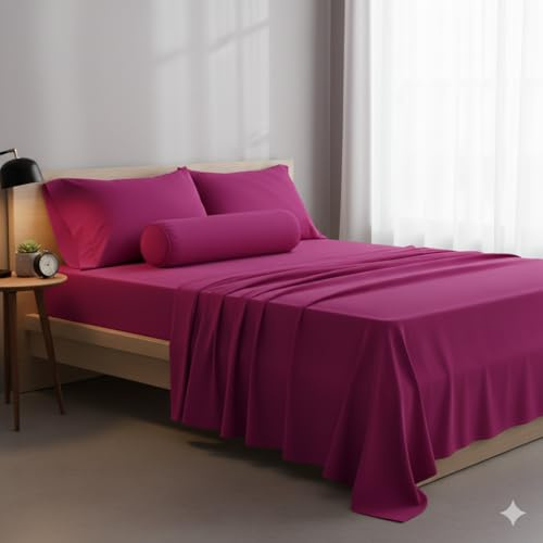 Générique Parure de Lit 5 Pièces Luxe 100% Coton 57 Fils/cm² Ensemble Complet : Drap Plat+Drap Housse+2Taies d'oreiller+1Taie Traversin -Confort Doux et Résistant - (Fuschia, 140 X 190 CM)