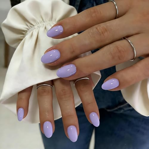 KQueenest Press On Nails Short - Lilac False Nails Oval, 32 Pcs 16 Sizes Natural Short Fake Nails Press ons Almond, Reusable Glossy Elegant Lavender Stick on Artificial Nail for Daily Office